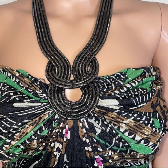 Made in USA top blouse black and chain detail halter style black printed stretch - Picture 7 of 9